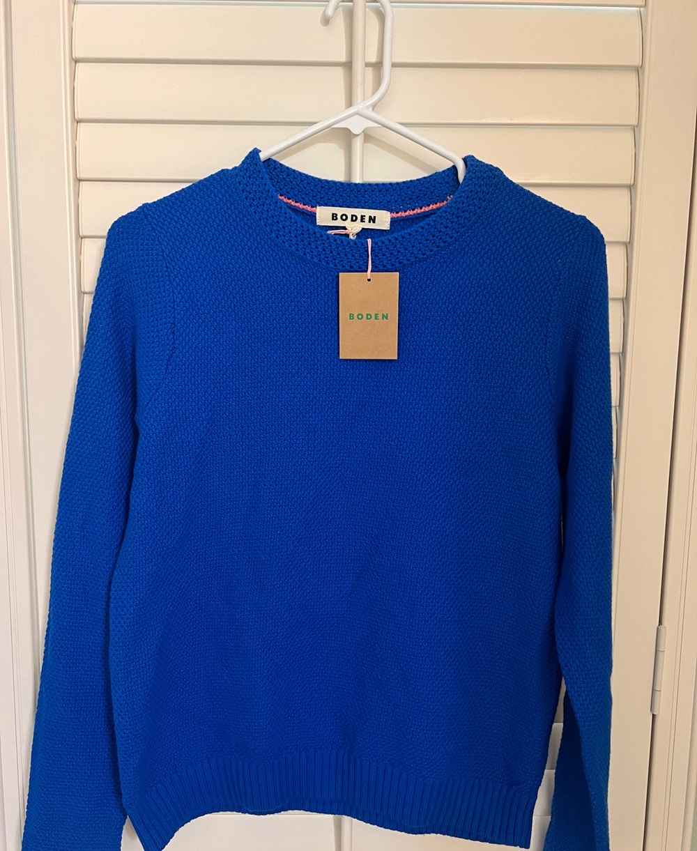Boden Emilia Bright Blue Textured Cotton Crewneck Sweater NWT SZ Small